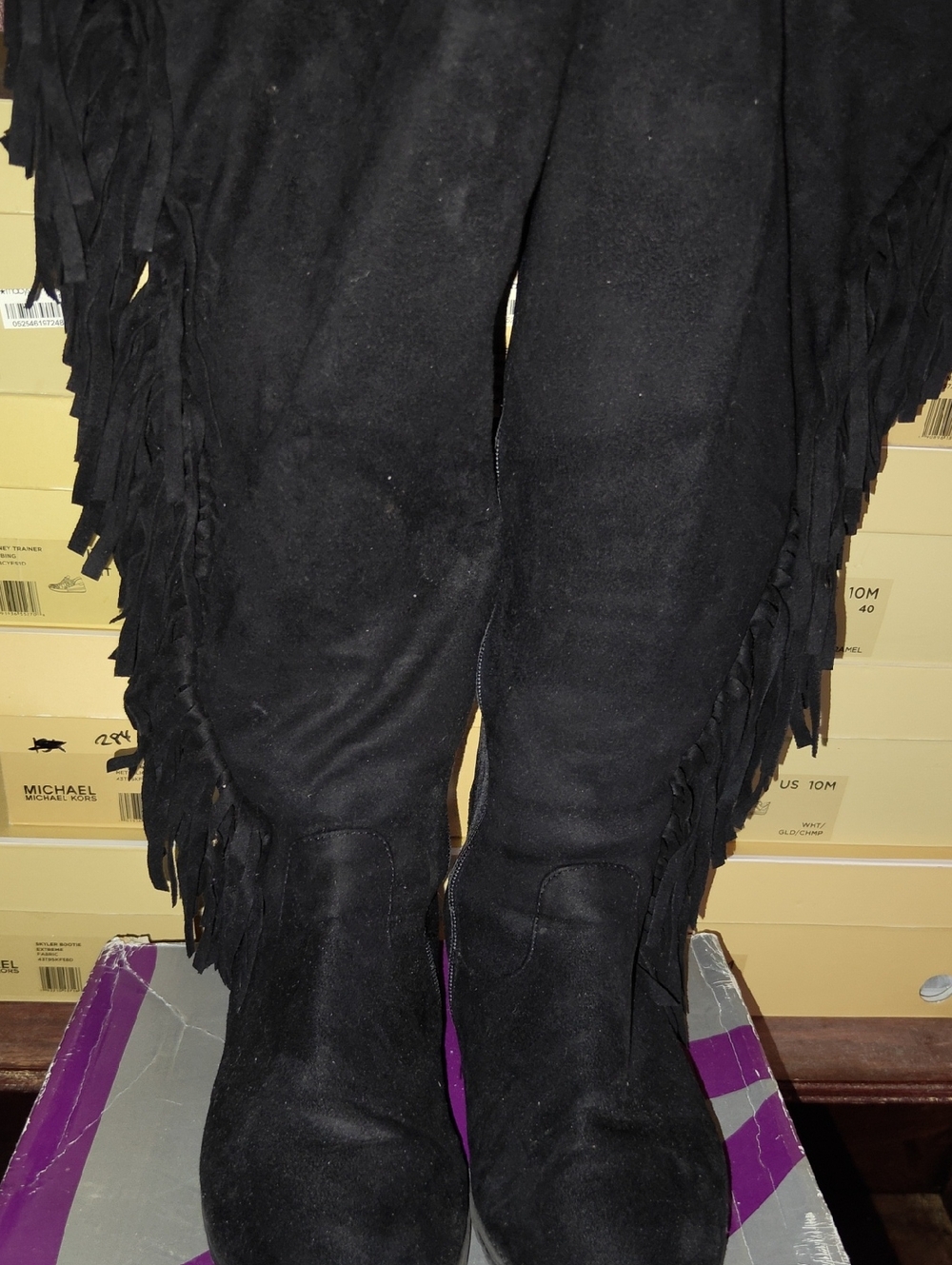 Lane Bryant Wide Calf Black Suede Fringe Knee Boots